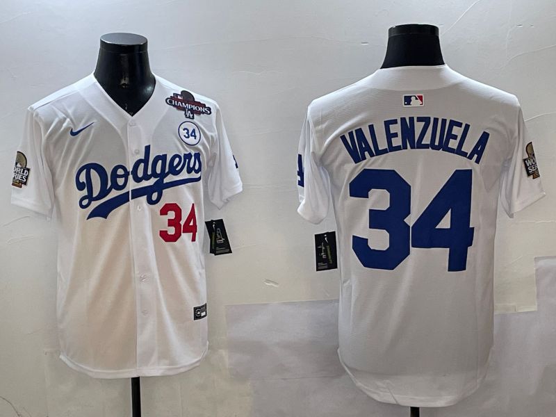 Men Los Angeles Dodgers #34 Valenzuela White Blue Fashion Game 2025 Nike MLB Jersey style 3262